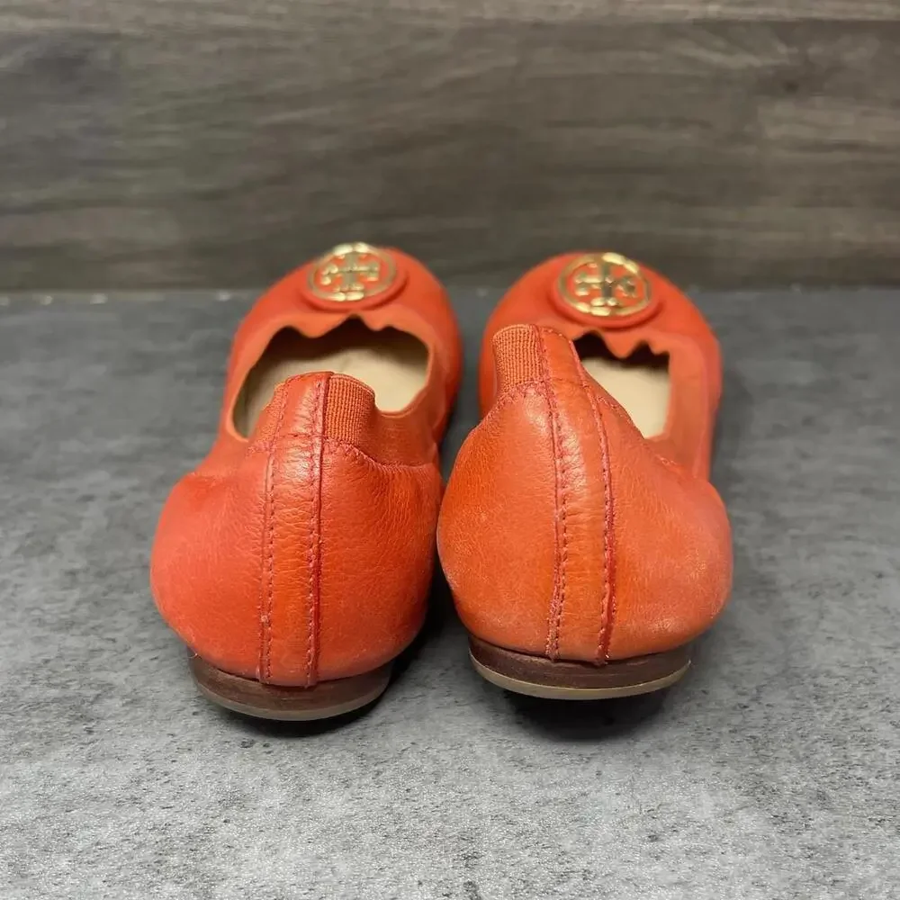 Tory Burch Flats Womens Size 7 Minnie Ballet Orange Leather Slip On Shoes